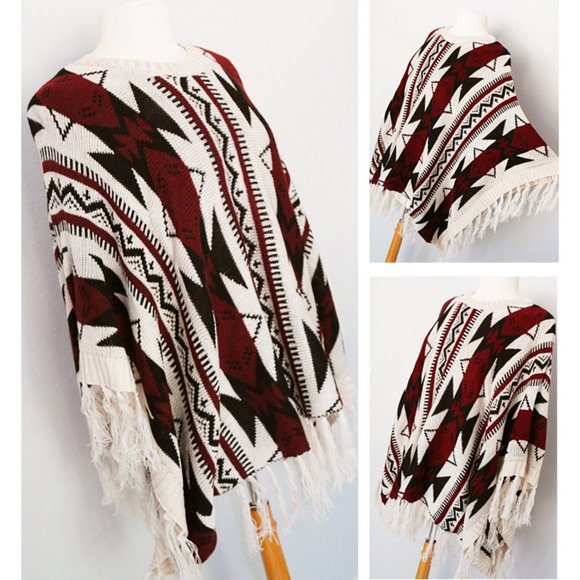 NEW Tribal Aztec BOHO Knit Fringe Sweater Poncho - Picture 3 of 10